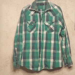 Men's large Double pump Long sleeve shirt green plaid.